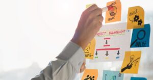 Persona organizando notas de proyecto en pizarra