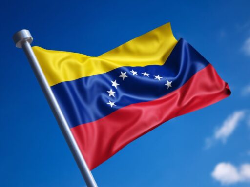 Bandera de Venezuela ondeando, cielo azul de fondo