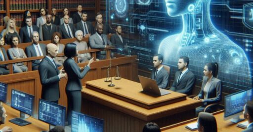 Juicio futurista con hologramas y audiencia diversa