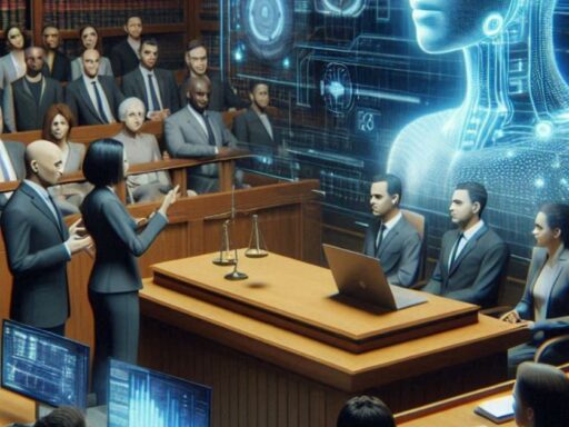 Juicio futurista con hologramas y audiencia diversa