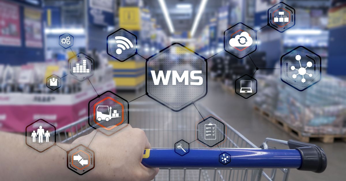 Carro de compras con iconos de sistema de gestión