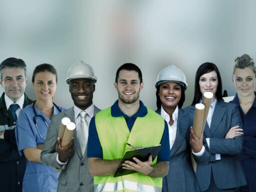 Diversos profesionales sonriendo con equipo de trabajo
