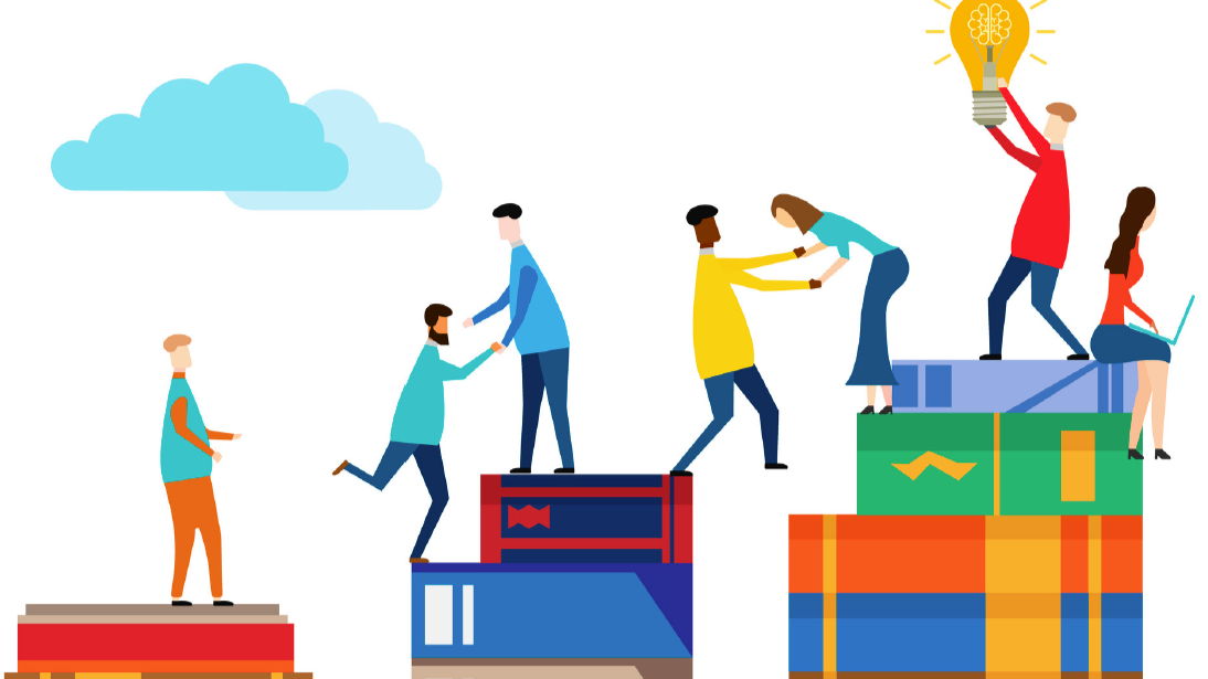 Personas colaborando en construcción metafórica de éxito