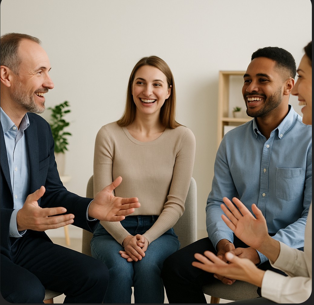 Grupo conversando alegremente en oficina