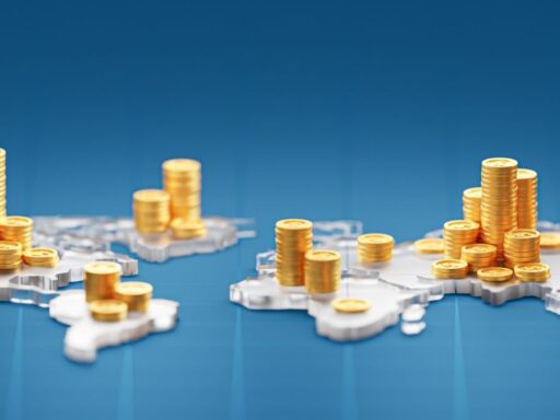 Monedas doradas sobre mapamundi azul, economía global