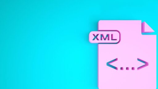 Ícono rosa de XML sobre fondo turquesa