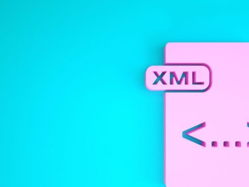 Ícono rosa de XML sobre fondo turquesa