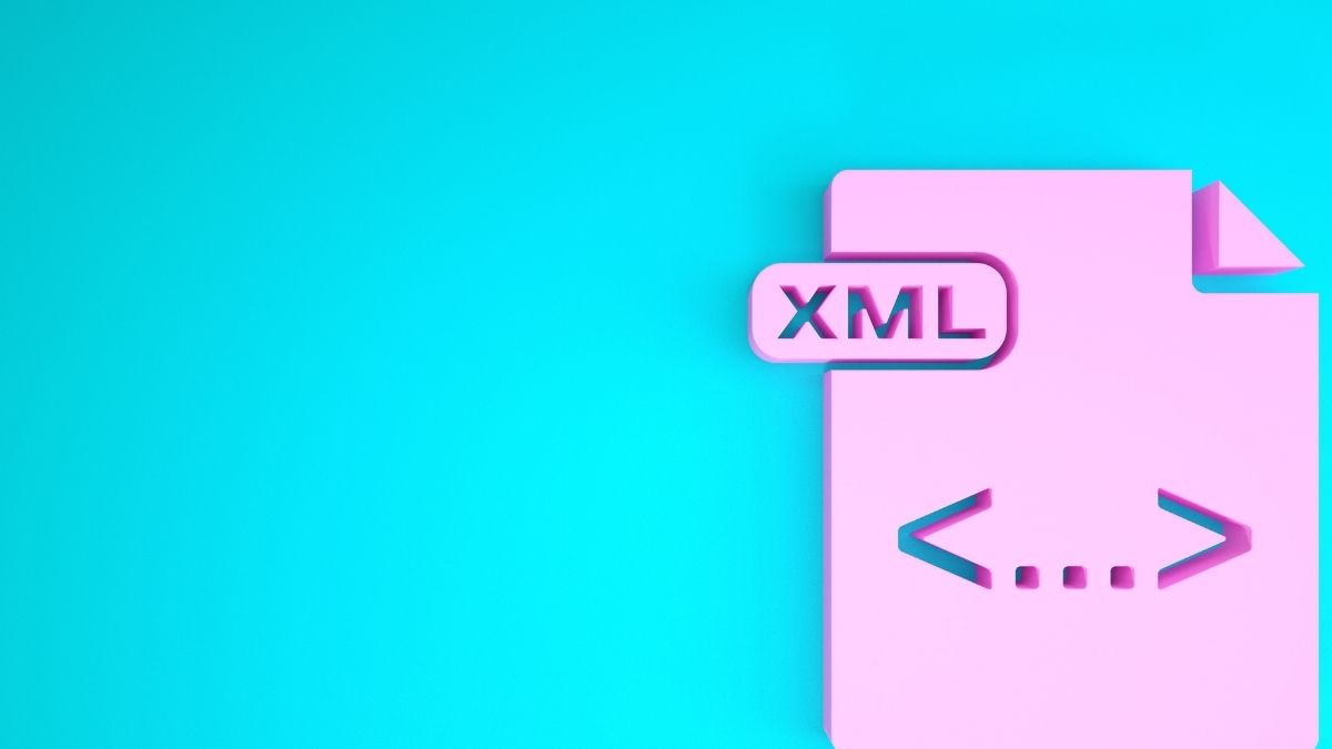 Ícono rosa de XML sobre fondo turquesa