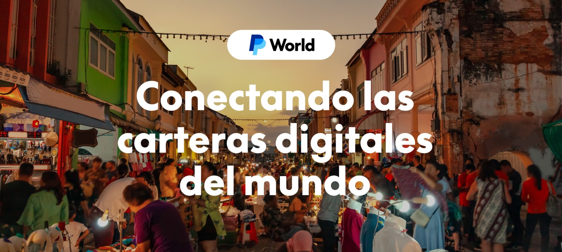 Mercado nocturno bullicioso promocionando billeteras digitales