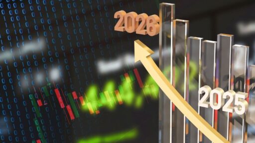 Gráfico de crecimiento 2025 a 2026 con flecha ascendente