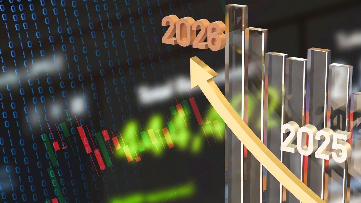 Gráfico de crecimiento 2025 a 2026 con flecha ascendente