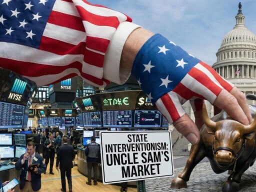 Brazo con bandera USA sobre toro y bolsa de valores