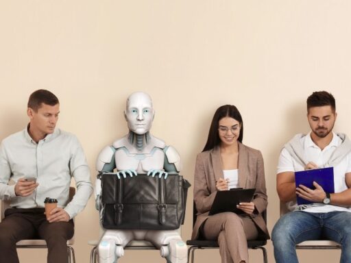 Robot humanoide en entrevista de trabajo con candidatos