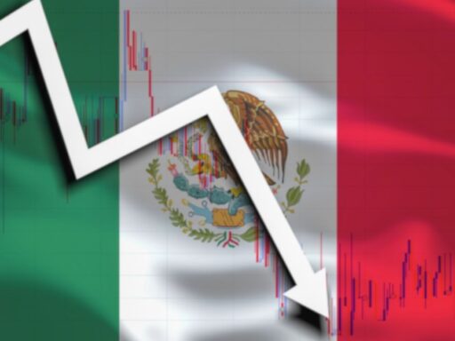 Bandera de México con gráfica financiera a la baja