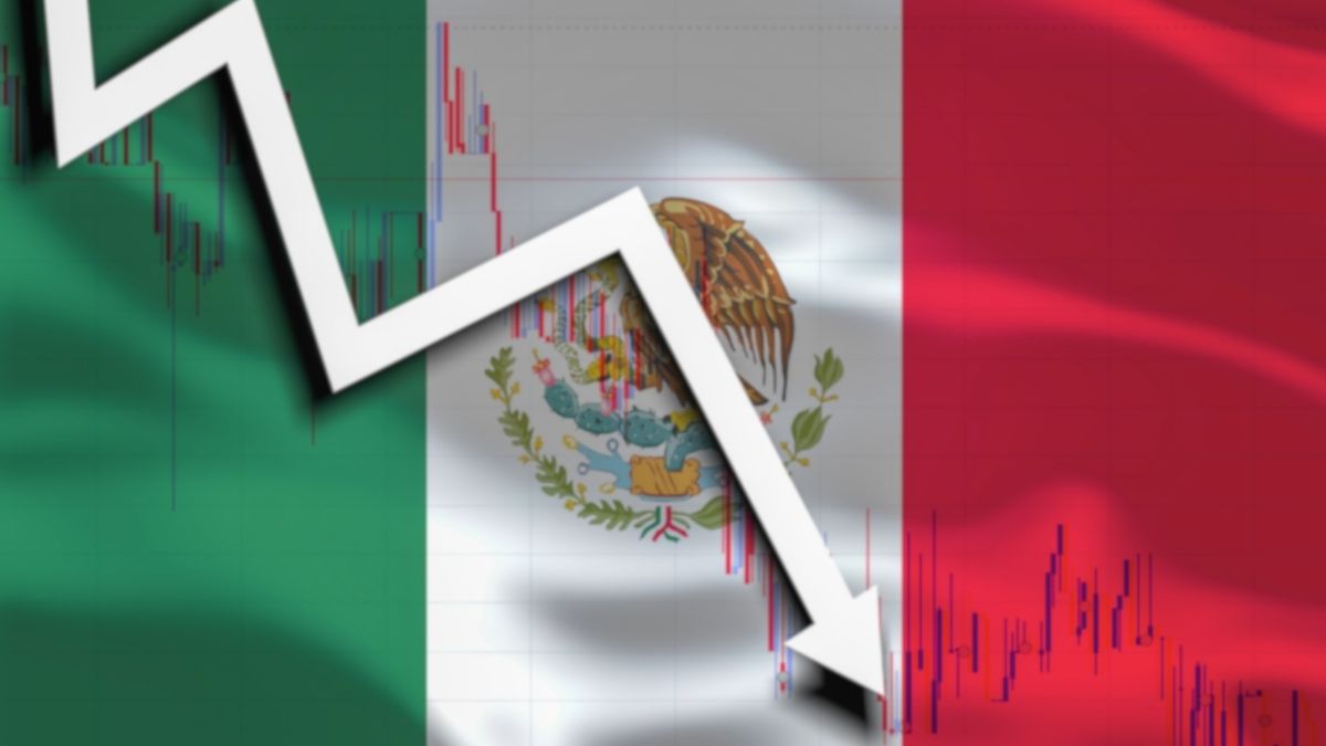 Bandera de México con gráfica financiera a la baja