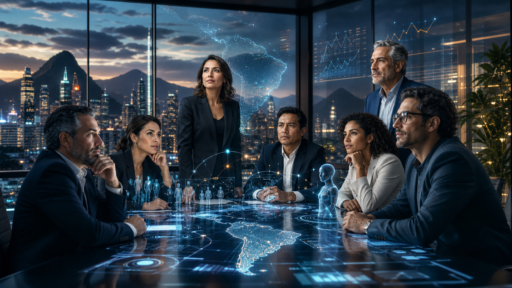 Equipo ejecutivo analizando mapa digital de Latinoamérica