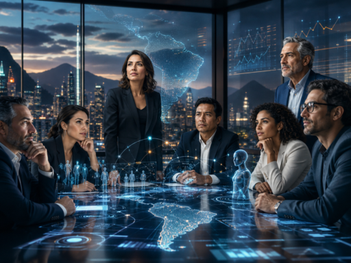 Equipo ejecutivo analizando mapa digital de Latinoamérica