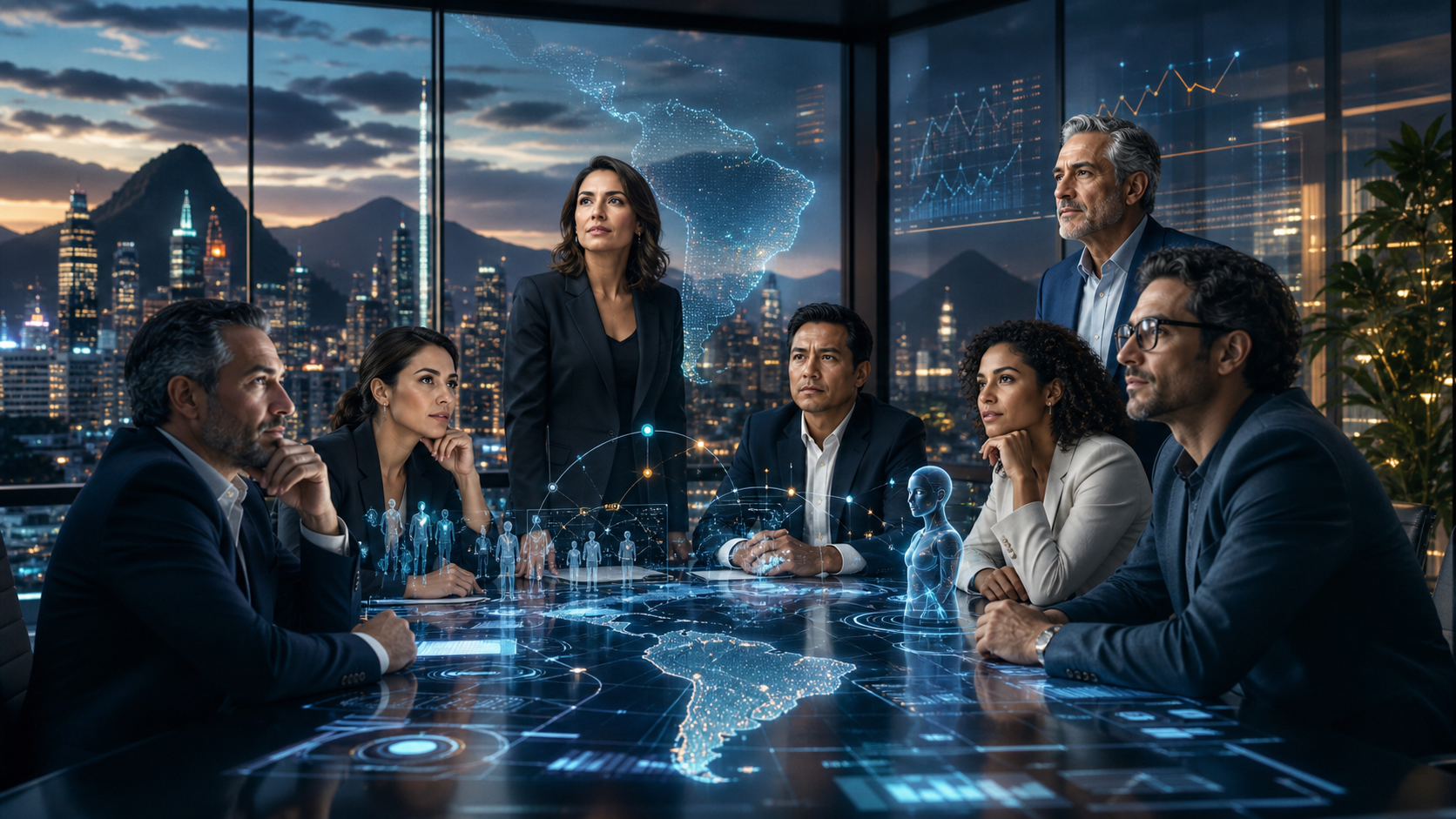 Equipo ejecutivo analizando mapa digital de Latinoamérica