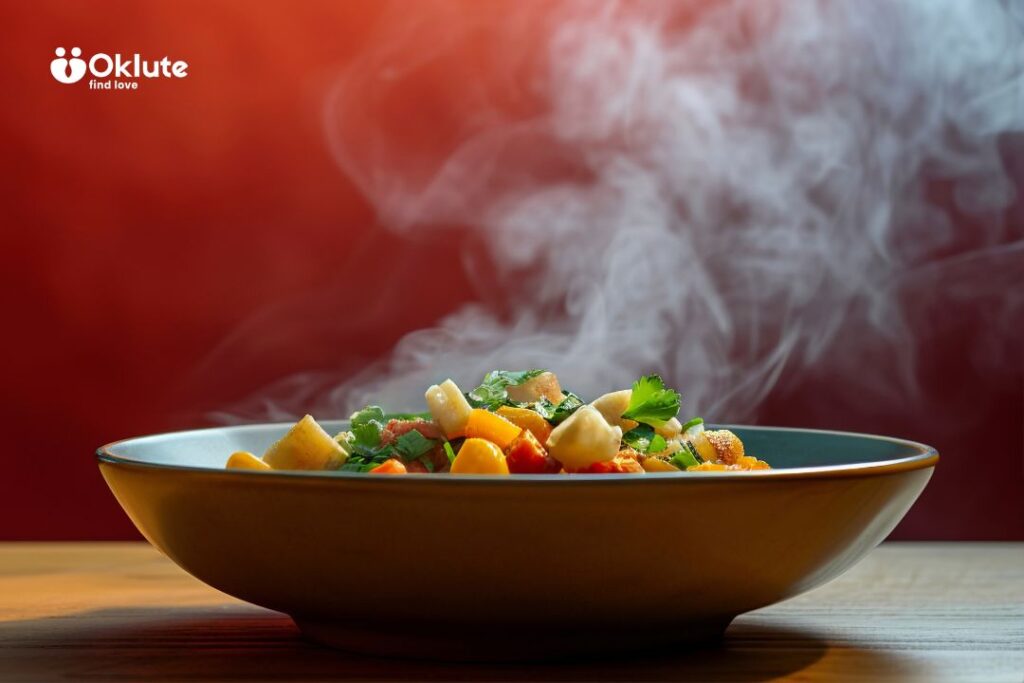 Plato hondo con sopa caliente humeante