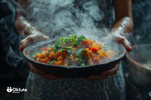 Plato humeante de guiso de verduras frescas