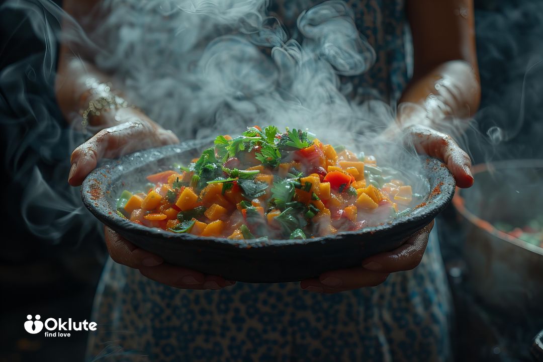 Plato humeante de guiso de verduras frescas