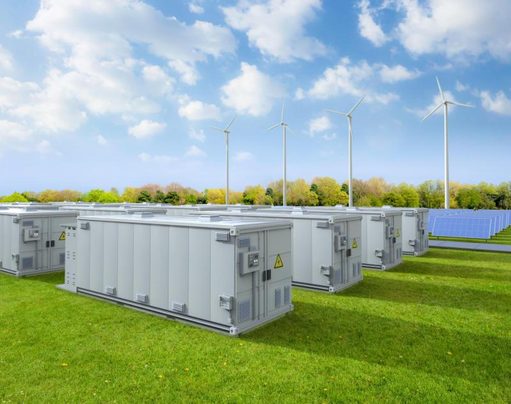 Baterías industriales junto a paneles solares y aerogeneradores
