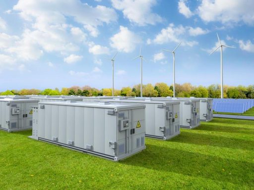 Baterías industriales junto a paneles solares y aerogeneradores
