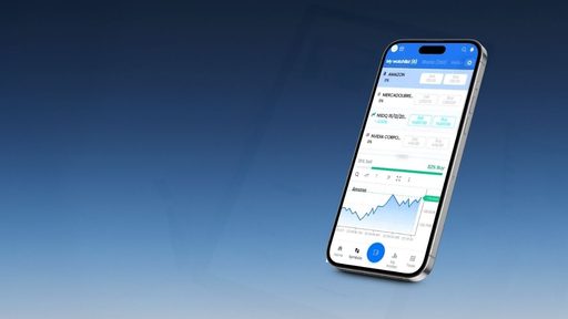 Teléfono mostrando aplicación de trading con acciones y gráfica