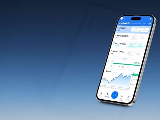 Teléfono mostrando aplicación de trading con acciones y gráfica